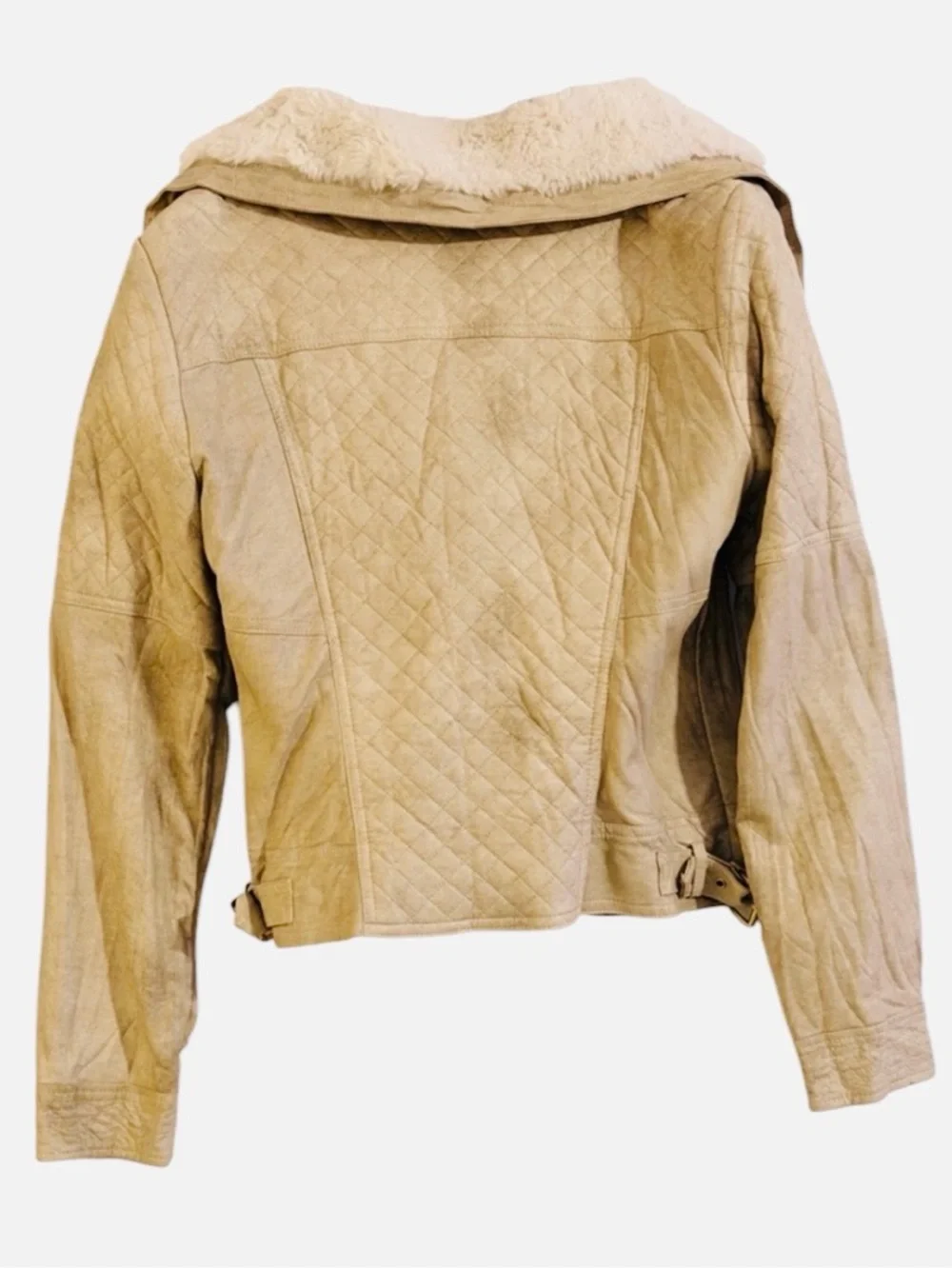 GUESS Quilted Faux Leather Moto Jacket Faux Fur Collar Stone Tan Cream Size L